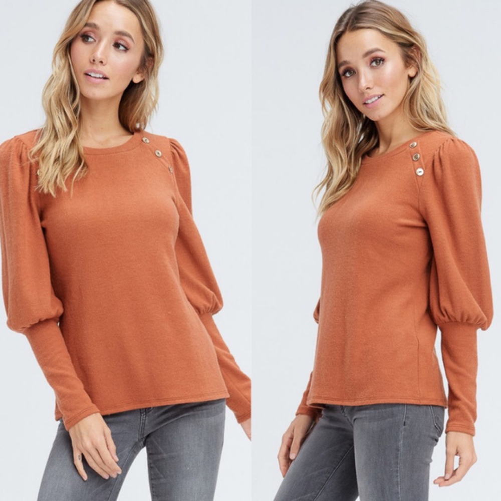 075 Orange Button Detail Puff Sleeve Top